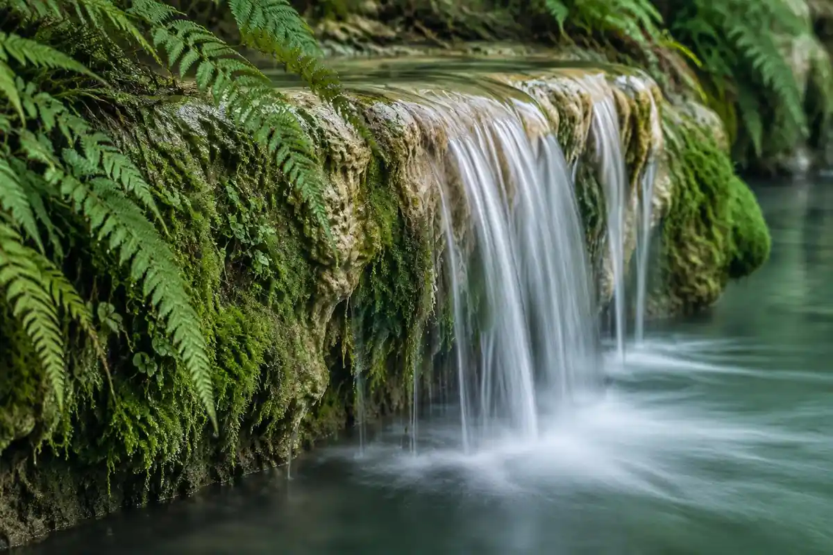 Water streaming over a travertine lip into a pool with moss and ferns