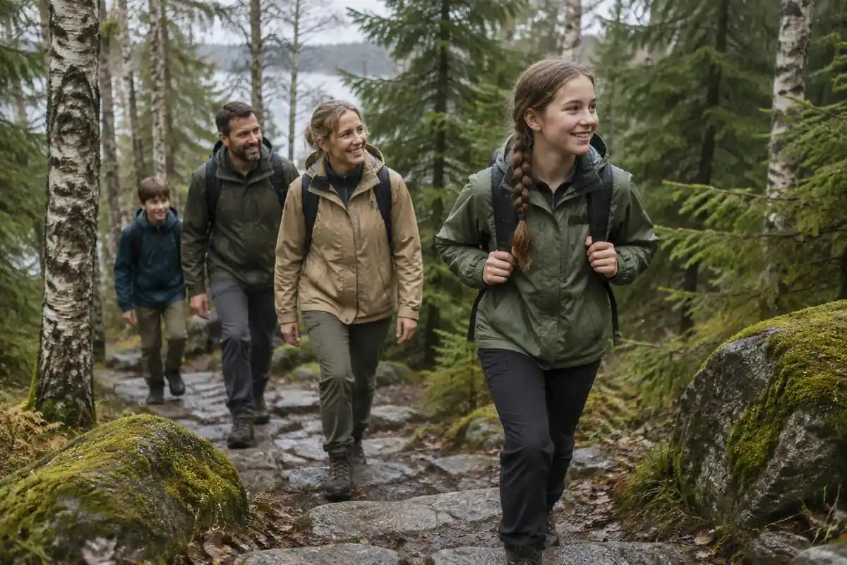 Family climbing a stone-stepped path through wet birch and spruce woodland