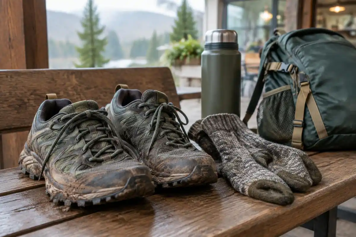 Muddy trail shoes and a thermos on a wooden bench beside a daypack