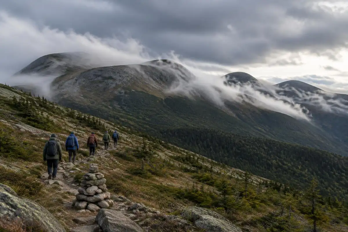 Above-treeline ridge with rocky summits and low clouds racing by