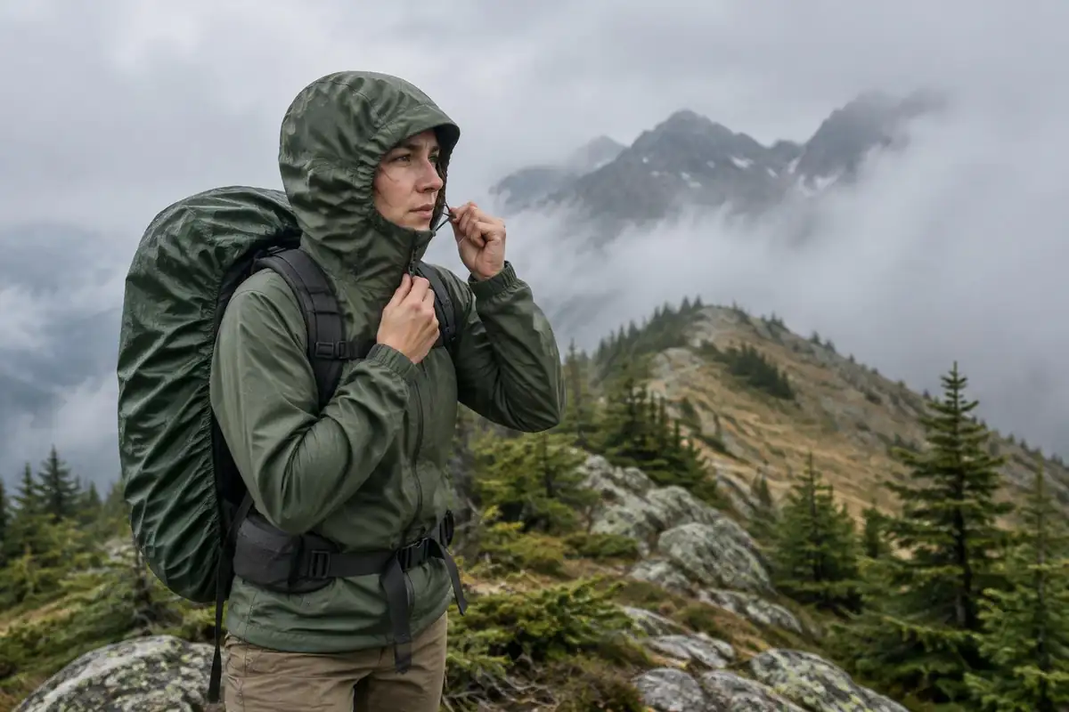 Hiker zipping a shell jacket and pulling a hood up on an exposed ridge
