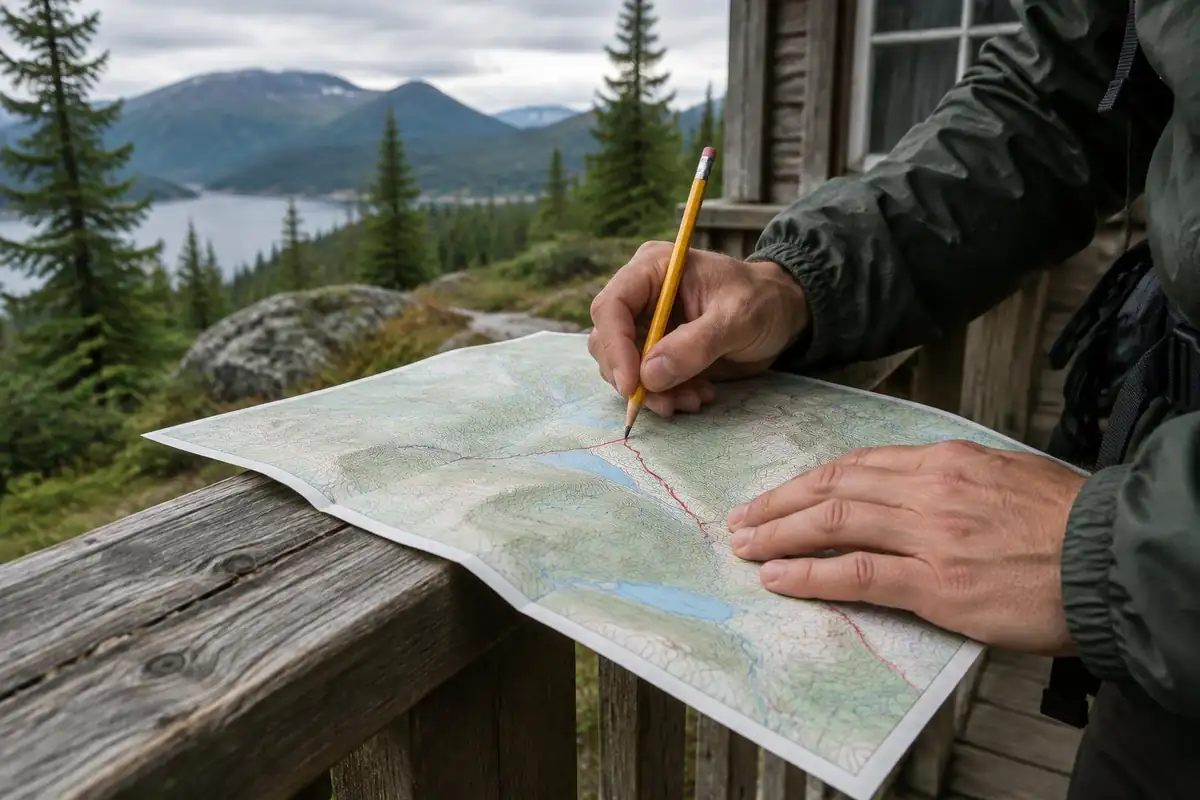 Hands folding a paper trail map with a pencil-marked escape route