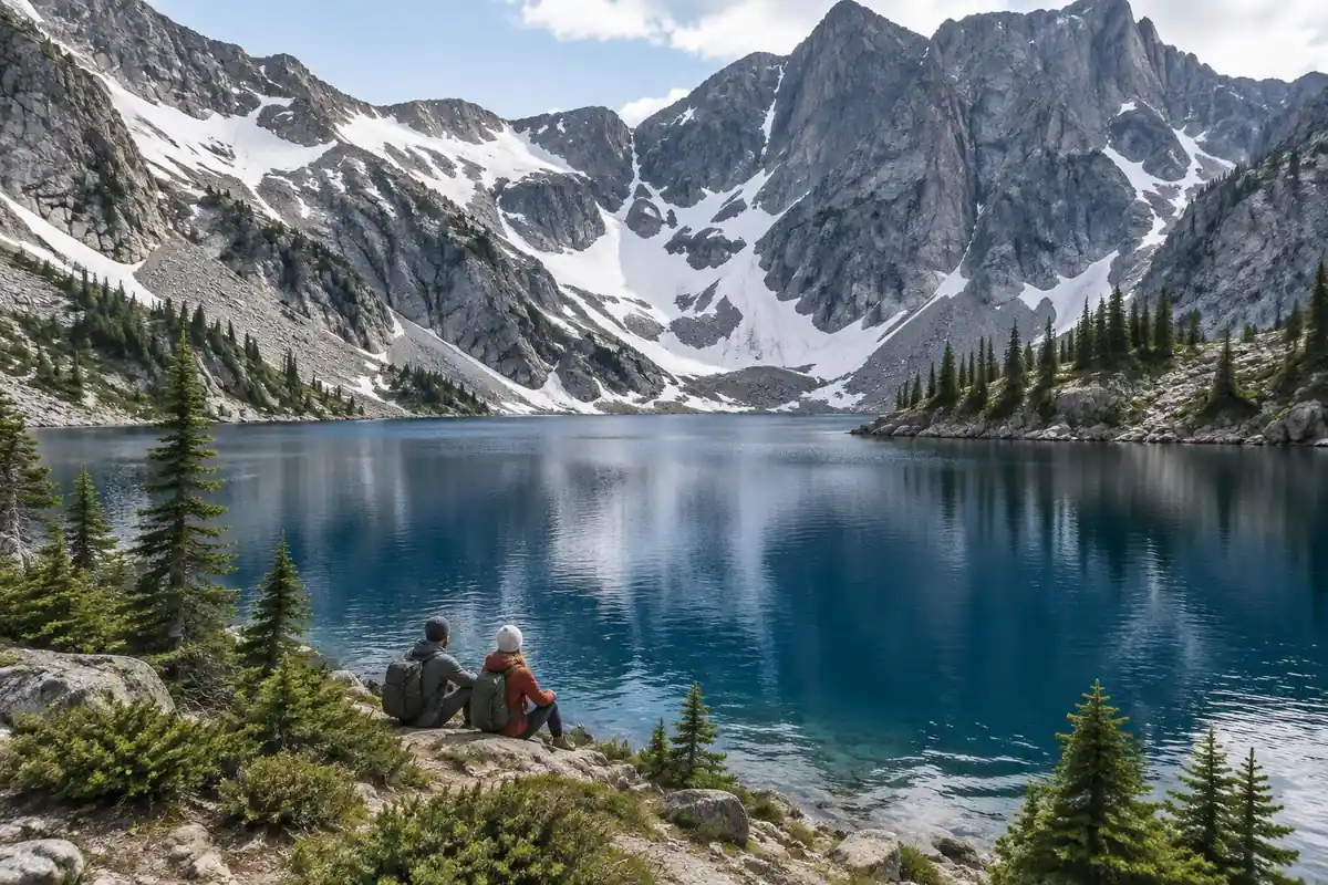 High alpine lake below steep rock walls with patches of snow and fir edges