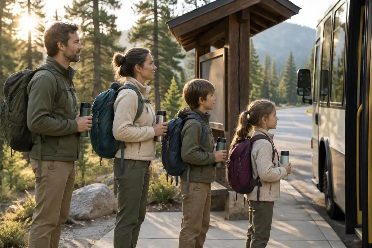 Family boarding a park shuttle bus at an early-morning stop with daypacks
