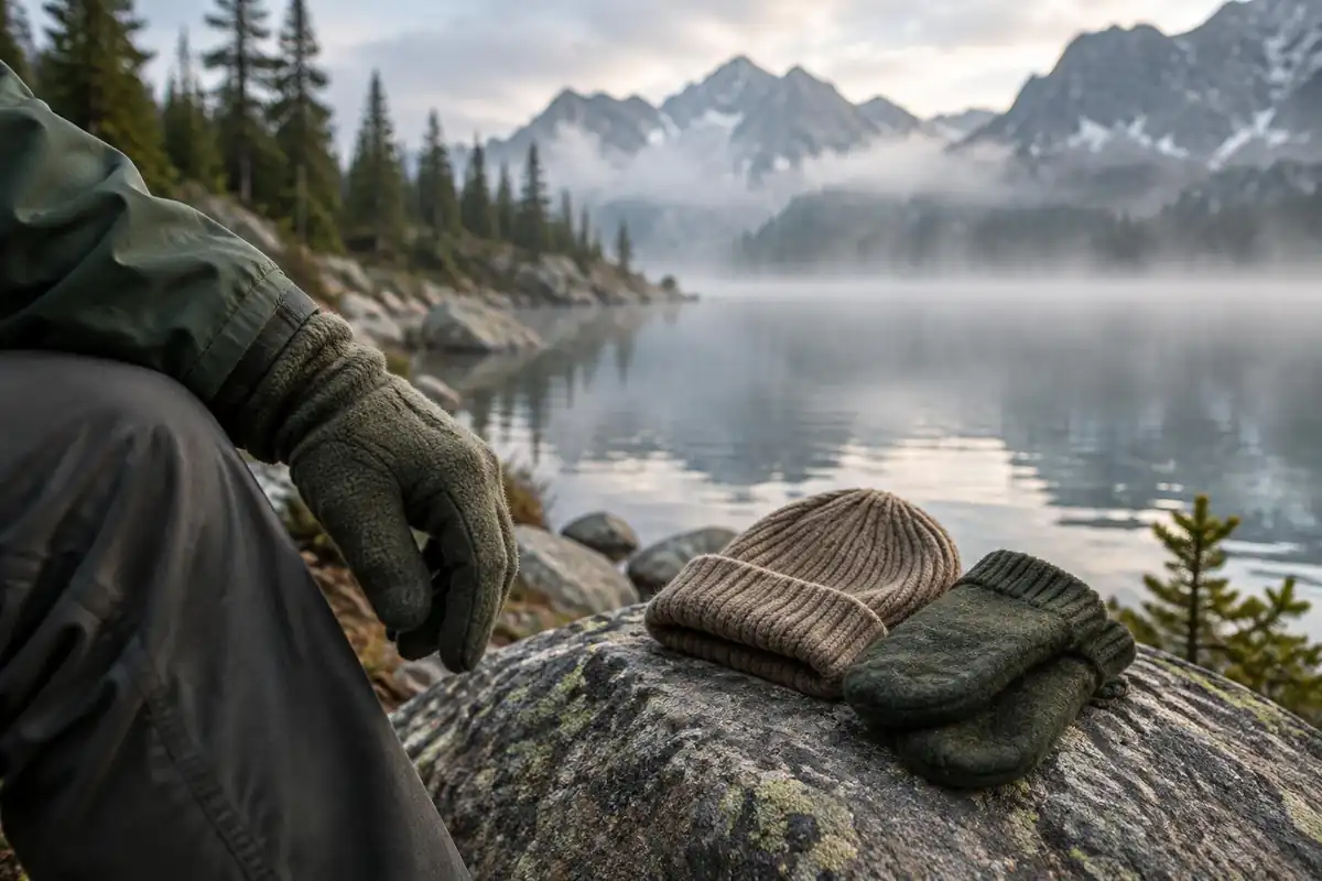 Wet glove and a dry hat beside a lake with a hiker's hand dipping toward the water