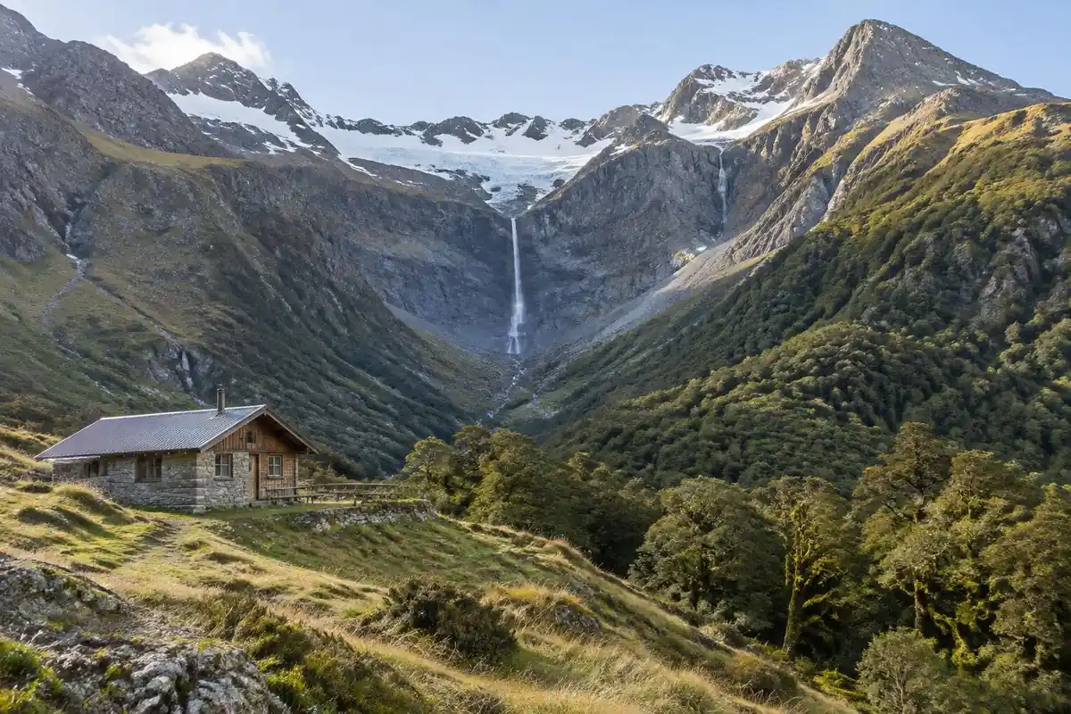 Glacial valley with a hanging waterfall and a mountain hut on a grassy shelf