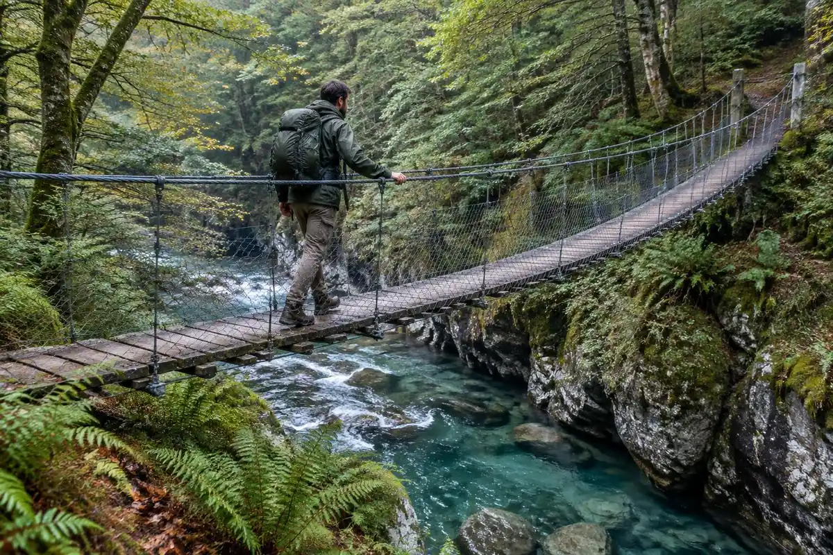 Man crossing a swing footbridge over a clear blue river gorge