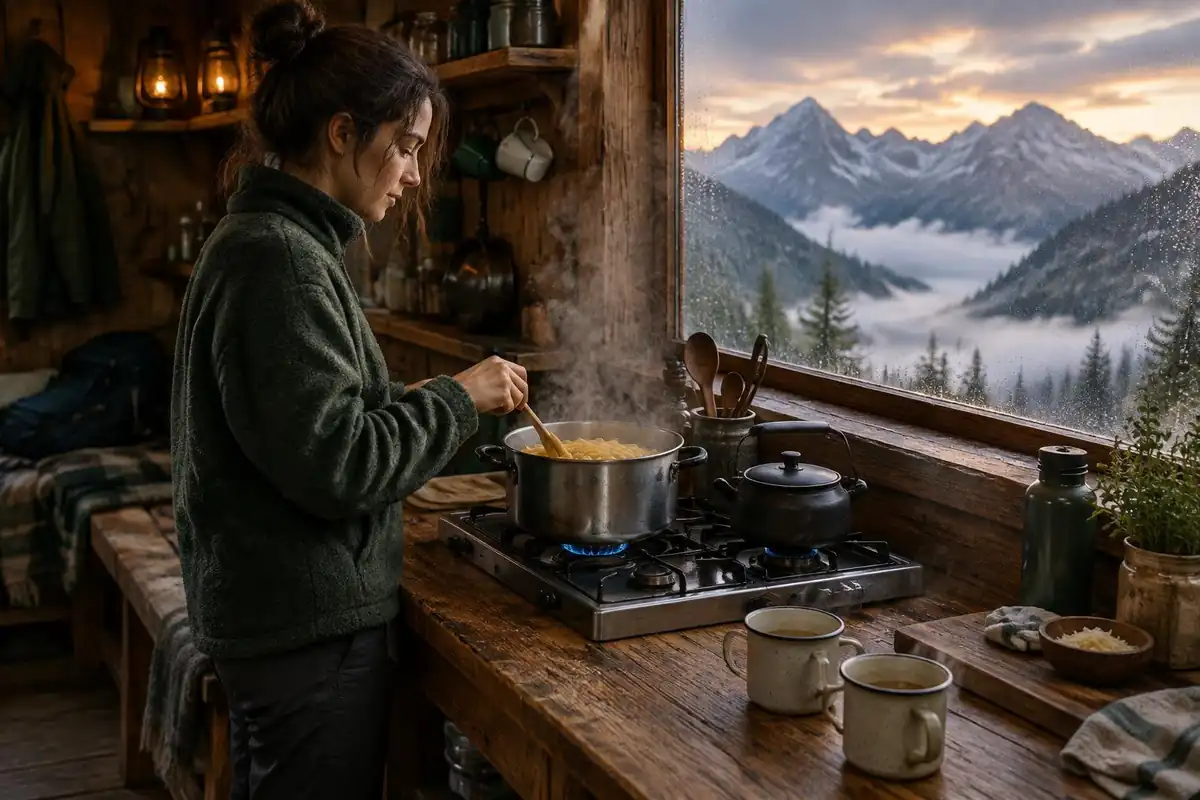 Hut kitchen bench with a pasta pot and two mugs by a steamy window