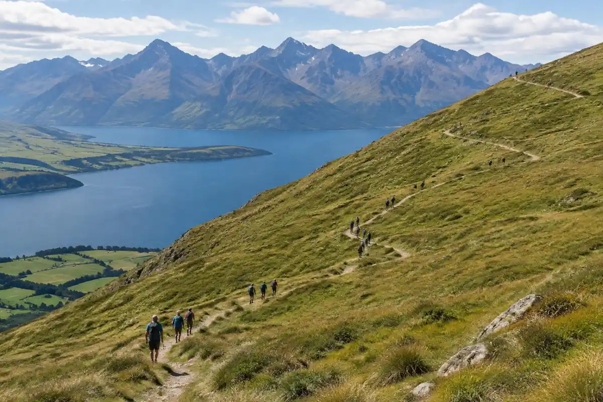 Zigzag track up a treeless grassy slope above a large blue lake