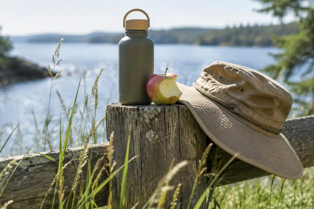 Sunscreen bottle, hat and apple on a fence post with a blurred lake behind