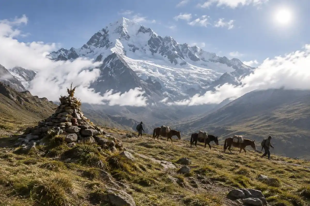 Glacial peak above a high grassy pass with a stone cairn and muleteers