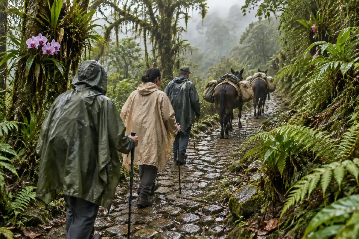 Trekkers in ponchos on a cobbled track through orchid-filled cloud forest