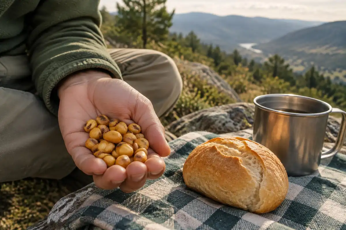 Hand holding roasted corn and a bread roll on a checked cloth beside a metal cup