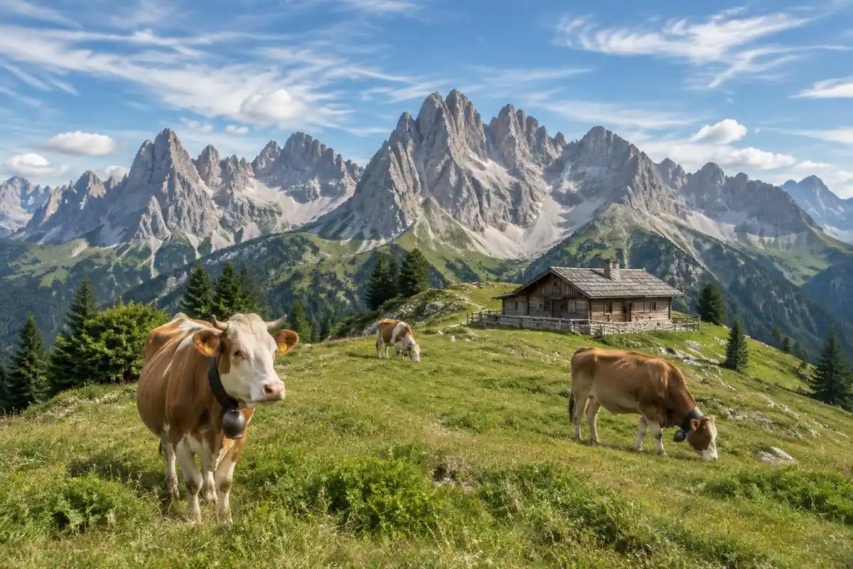 Green alpine meadow ridge with serrated limestone peaks, a wooden hut and grazing cows