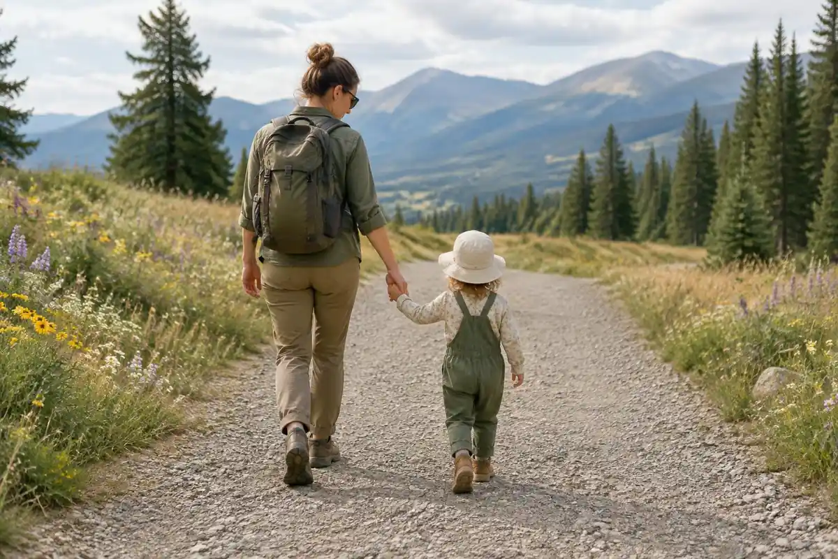 Mother and child holding hands on a wide meadow track with wildflowers
