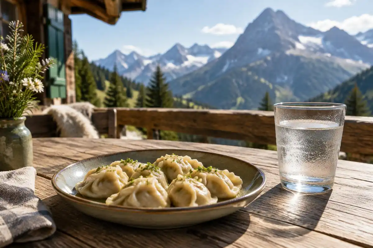 Plate of dumplings and a glass of water on a wooden hut terrace table