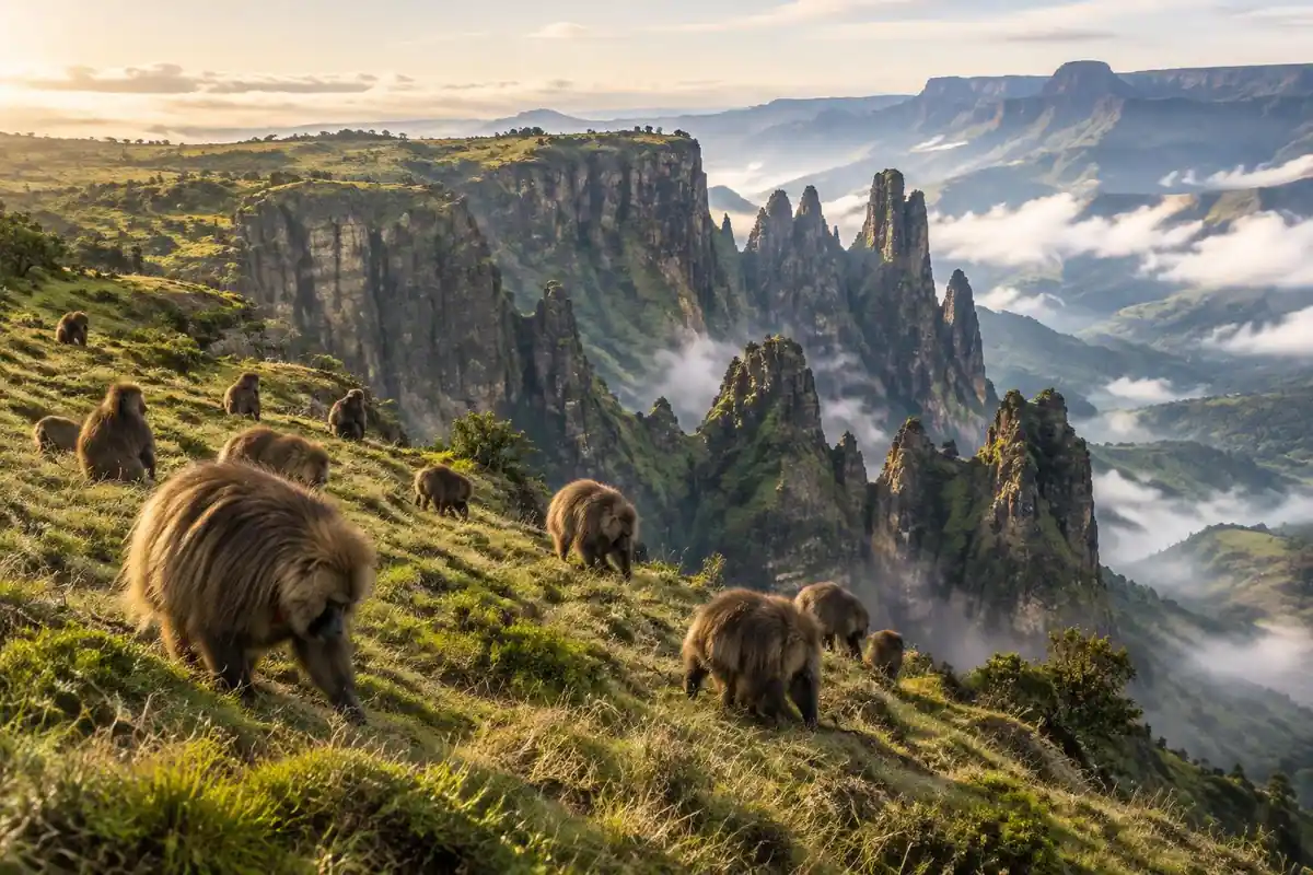 Basalt pinnacles over misty valleys with a troop of shaggy primates grazing