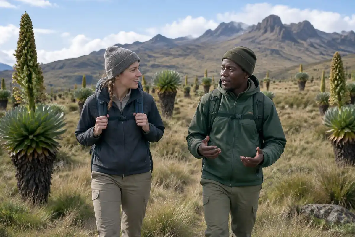 Hiker and local scout walking a high plateau dotted with giant lobelia
