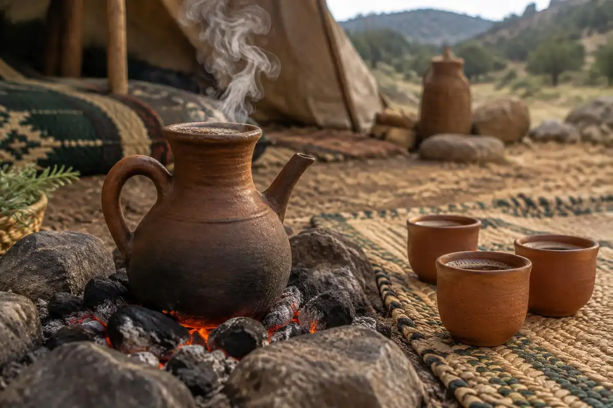 Clay coffee pot on coals with small cups on a woven mat at a village camp