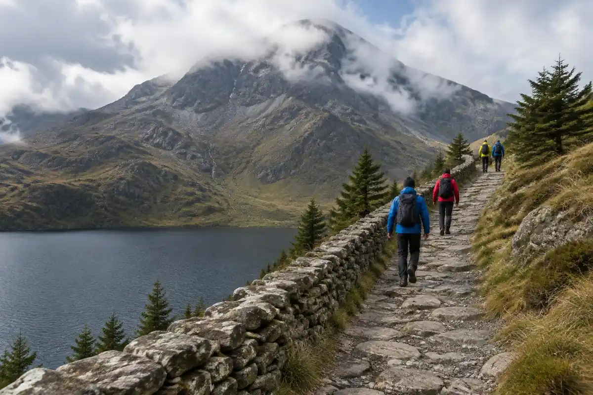 Grey mountain with a stone-walled path climbing above a lake with cloud on the summit
