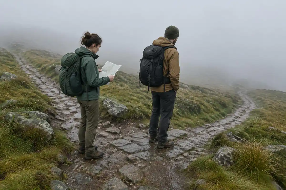 Hikers at a path junction in cloud studying a map, marker stone beside them