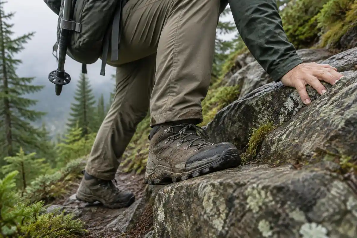 Boots and hands on a rocky edge of a scramble with a pole strapped to the pack