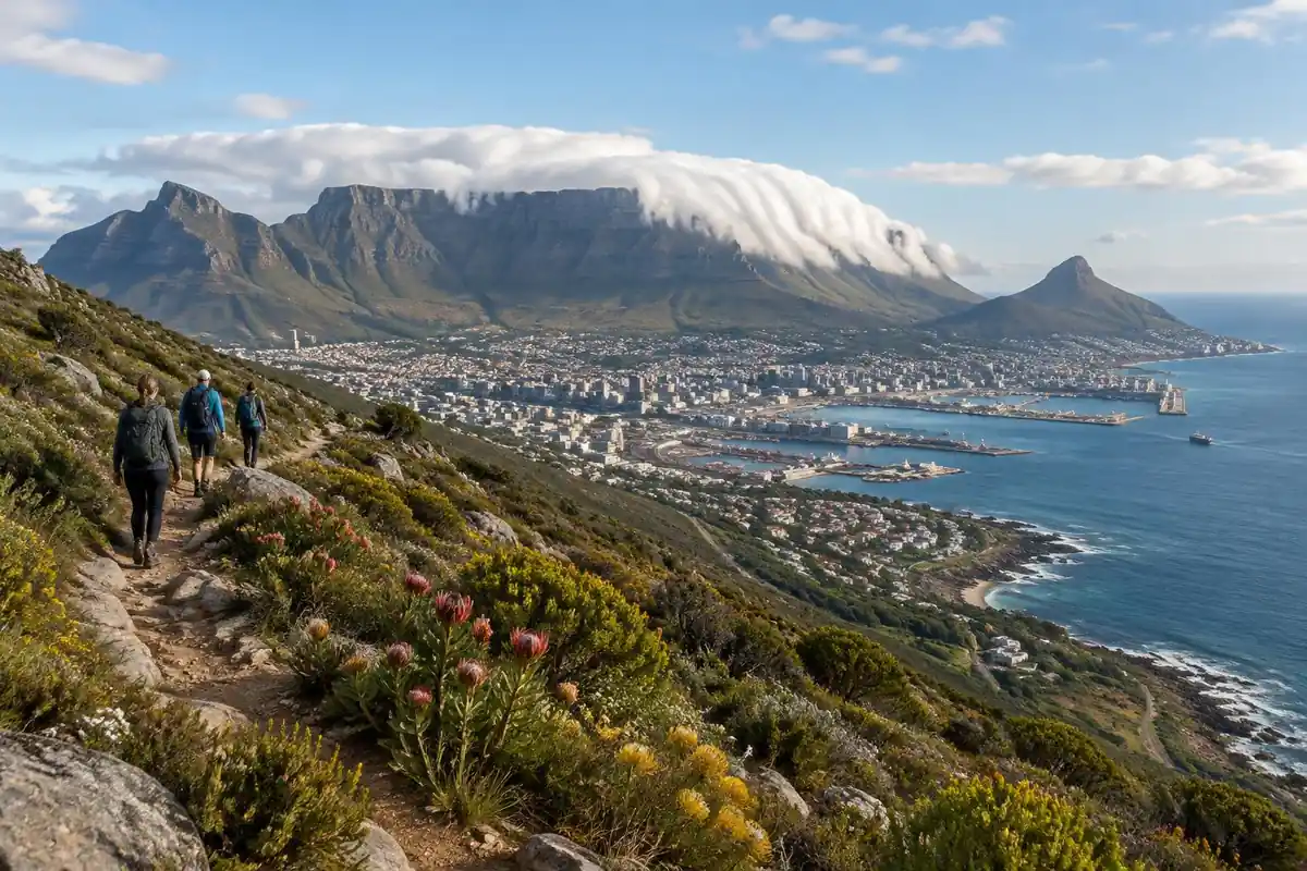 Flat-topped mountain with cloud spilling over its edge above a coastal city and ocean