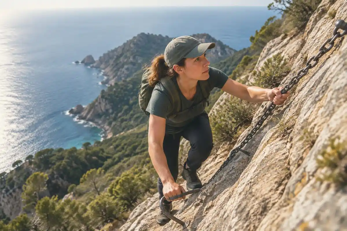 Woman using footholds and a chain on a steep sunlit rock section above the sea