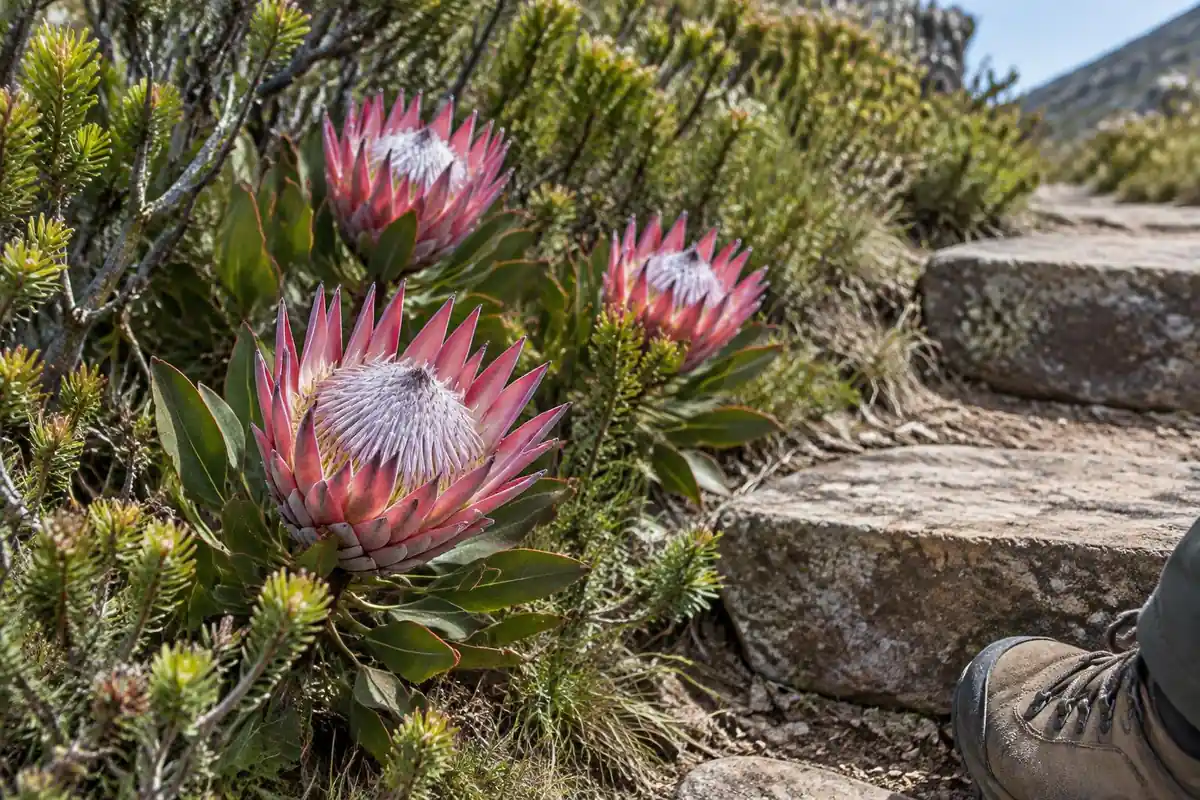Pink protea flowers beside a worn stone step with a boot toe at the corner