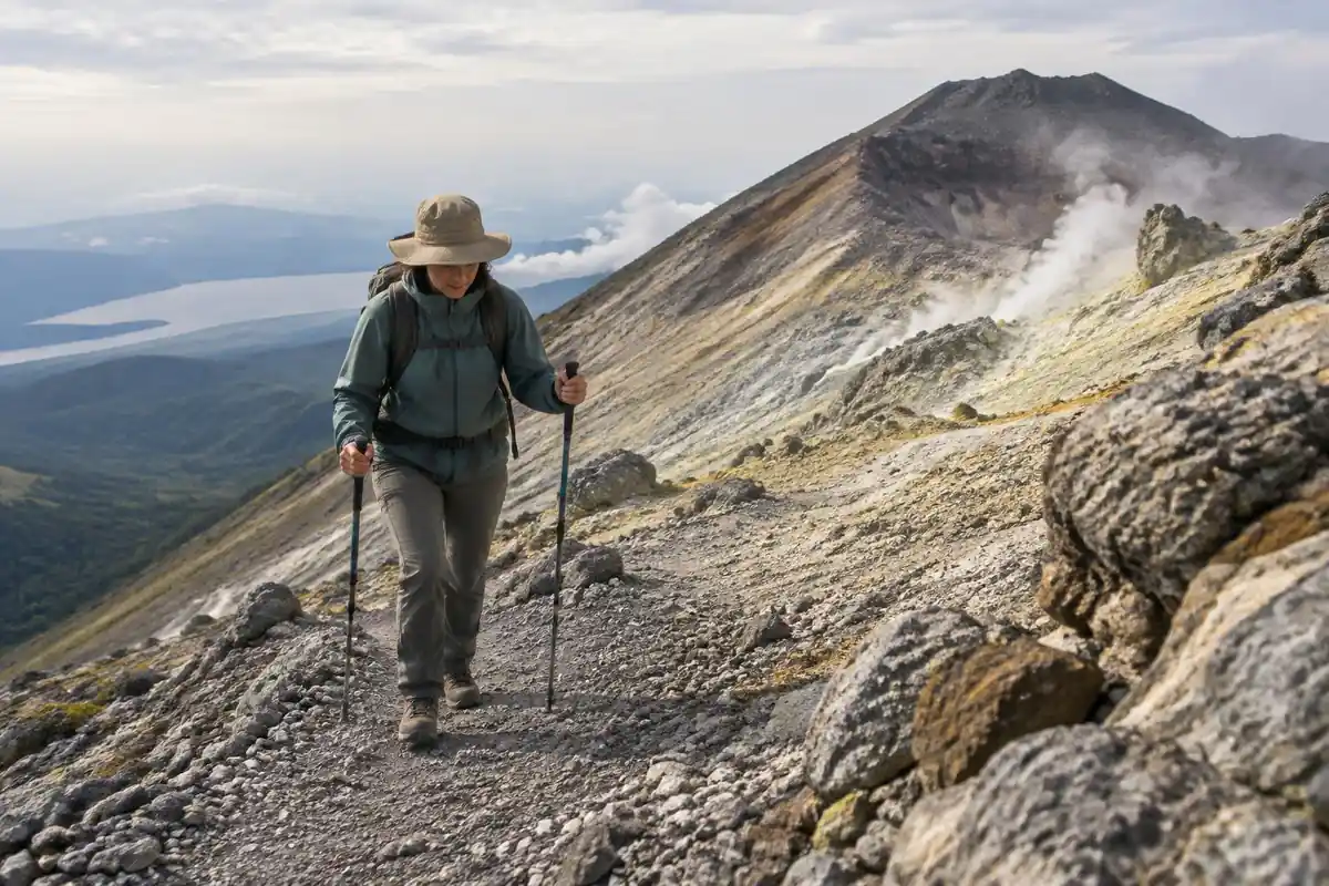 Hiker with poles walking slowly on a gravel volcanic cone path in thin air