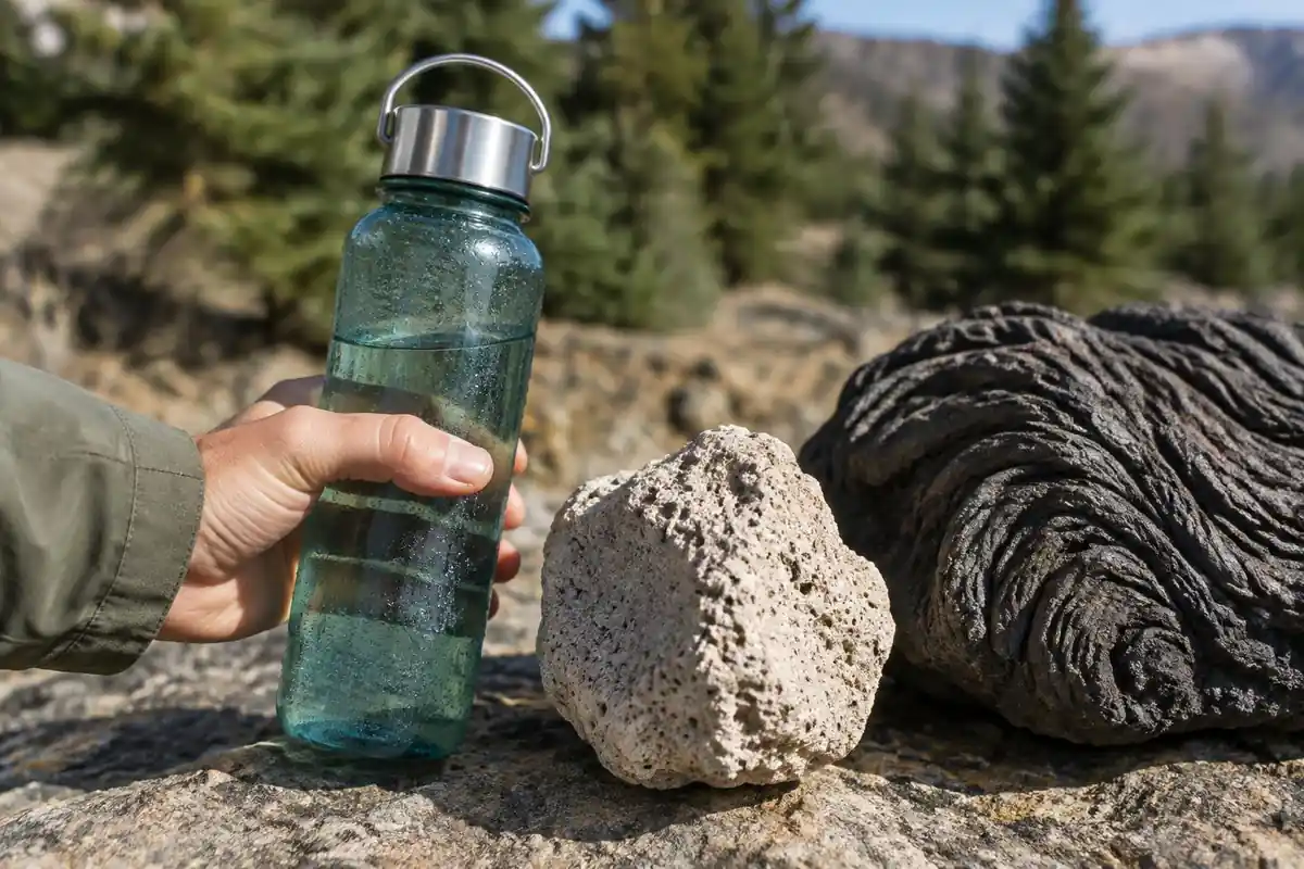 Hand holding a water bottle beside pumice and ripple-textured lava rock