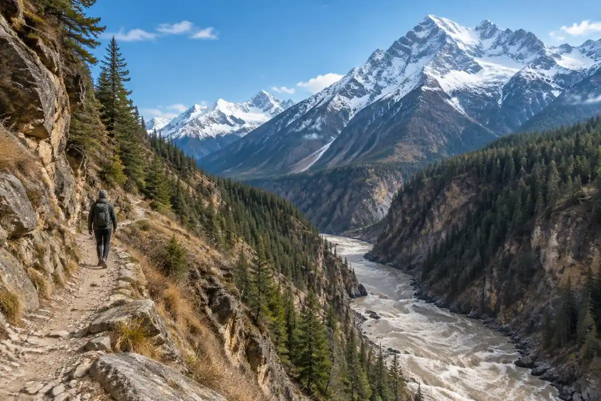 Deep river gorge with a rushing river and snow peaks opposite a cliffside path