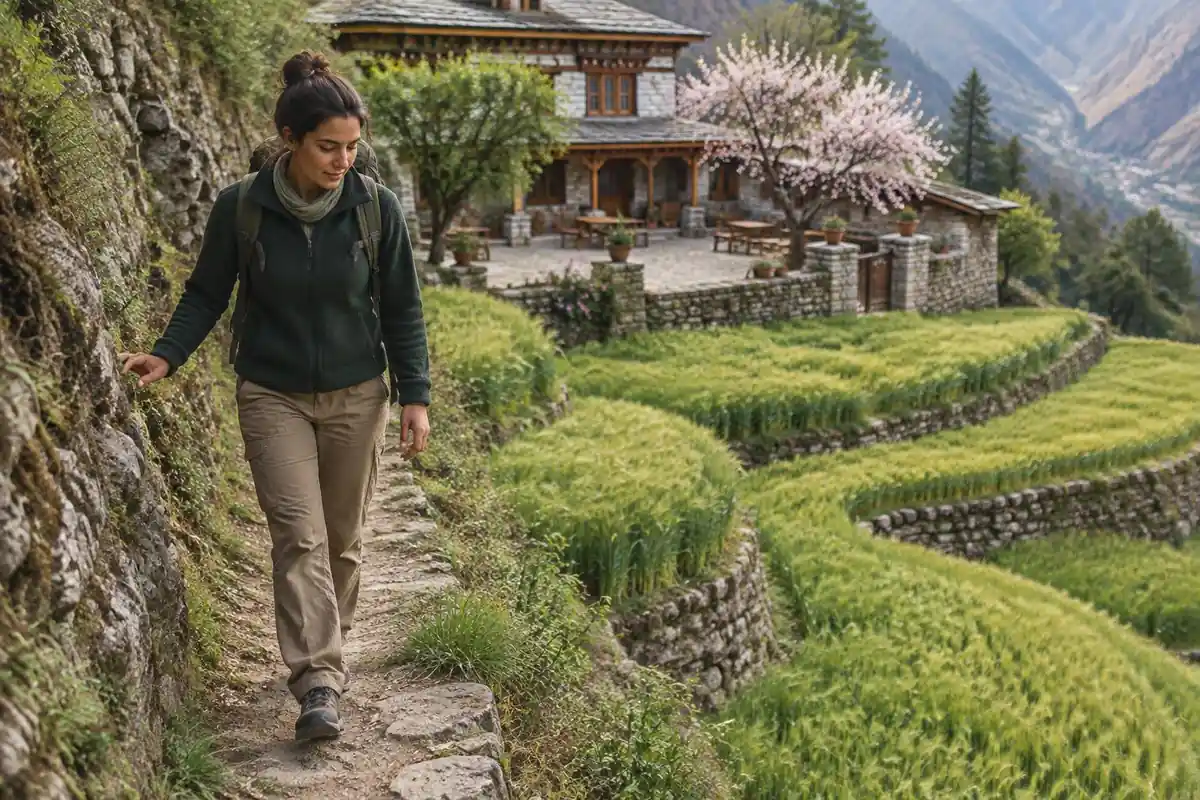 Woman on a cliff-hugging path beside terraced fields near a guesthouse
