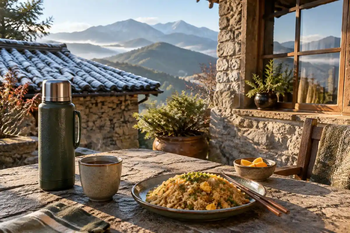 Rice plate and thermos on a stone courtyard table with frosty roof tiles