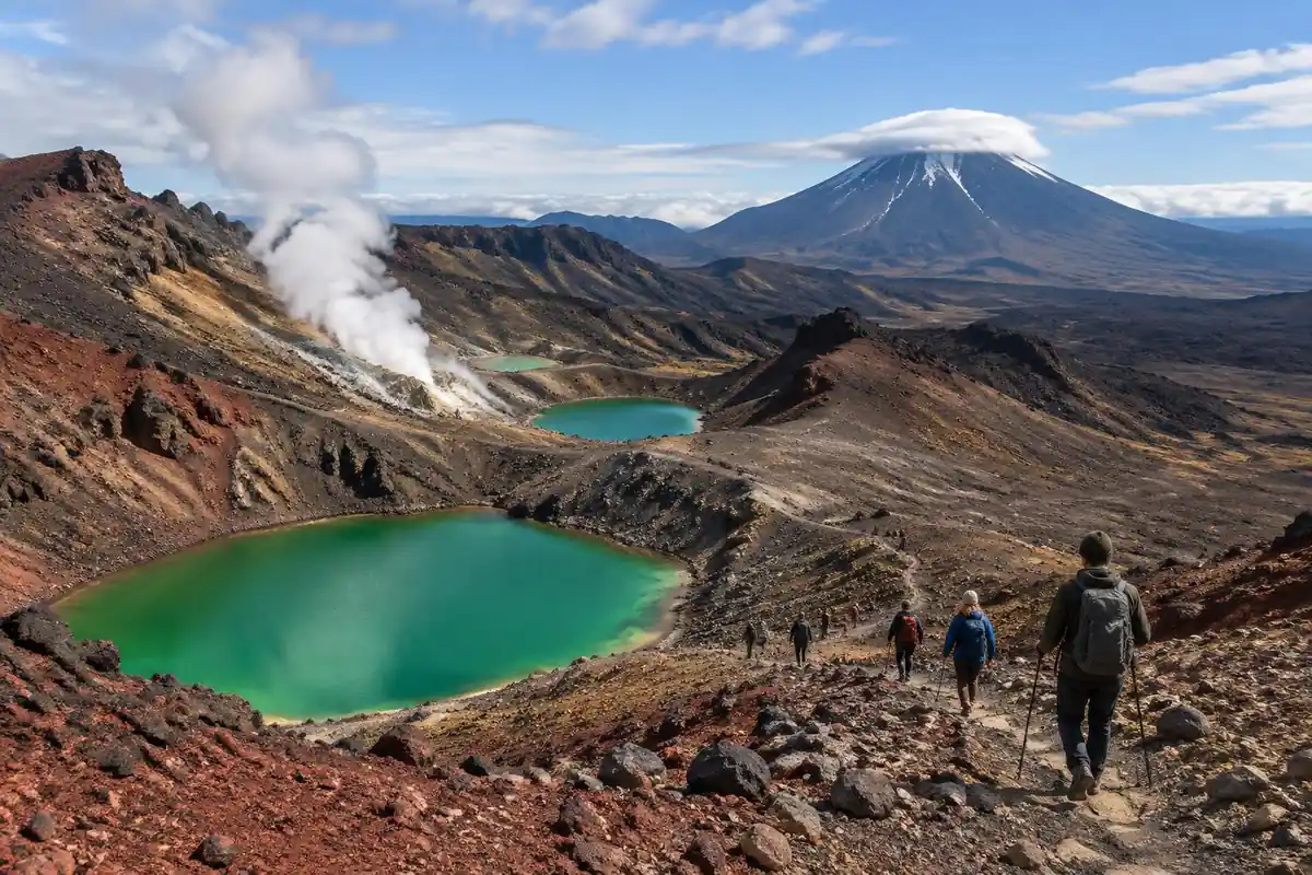 Barren volcanic plateau with emerald crater lakes, steaming vent and hikers on a path