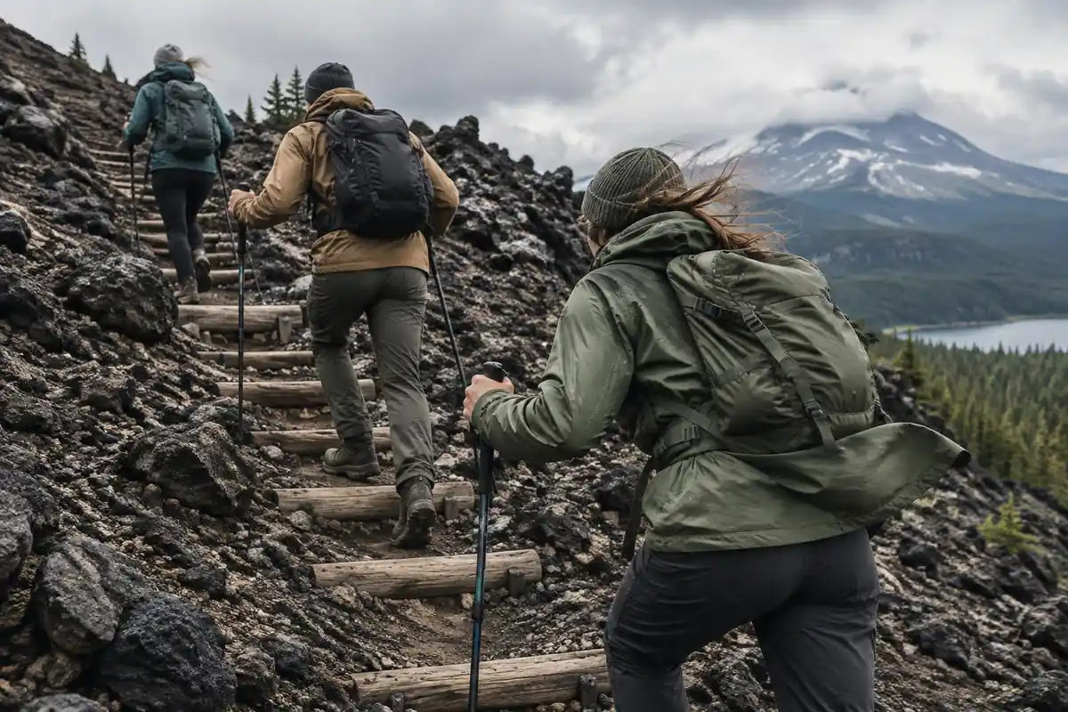 Hikers climbing wooden steps through black lava rocks in strong wind