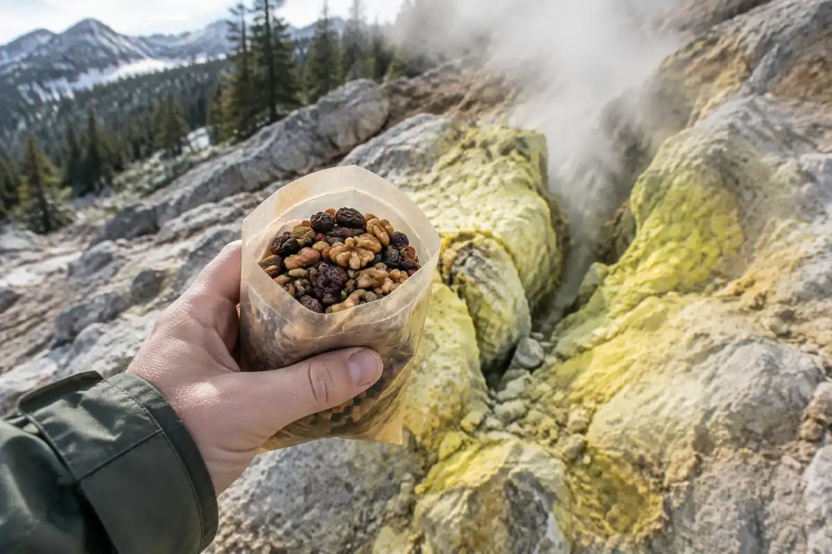 Hand holding trail mix over yellow-stained rocks beside a steaming crack