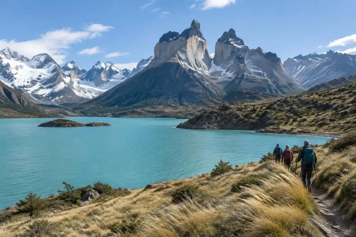 Turquoise glacial lake below jagged granite spires with steppe grass in the wind