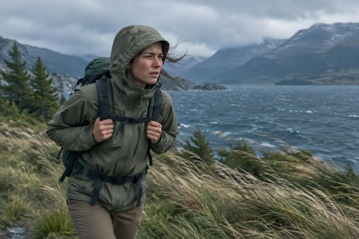Hiker leaning into strong wind, jacket flapping, holding the pack straps