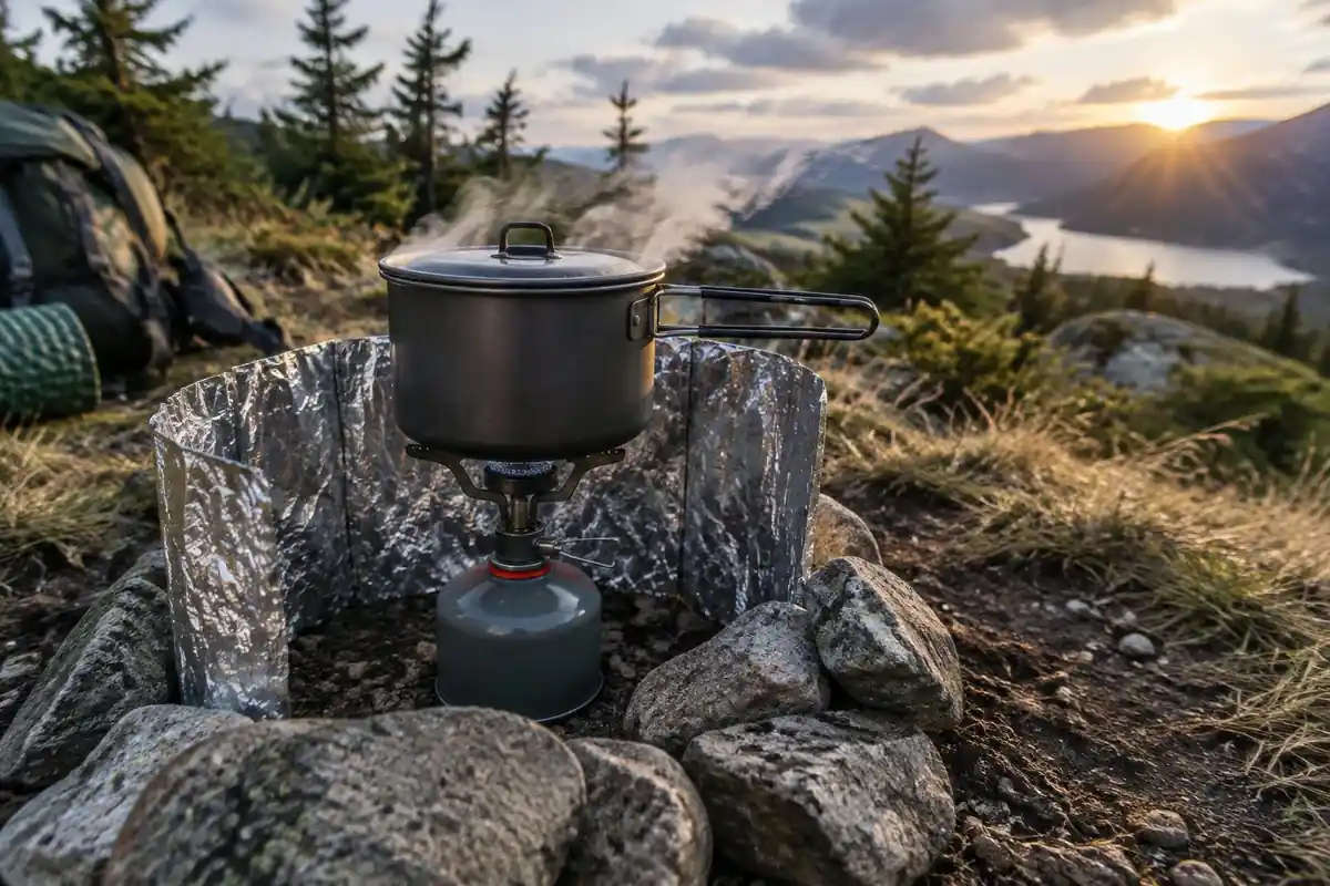 Windshield placed around a small stove with a pot on flat ground
