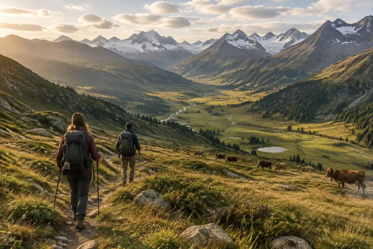 Grassy high col with a valley of green pasture and glaciers on the horizon in soft afternoon light