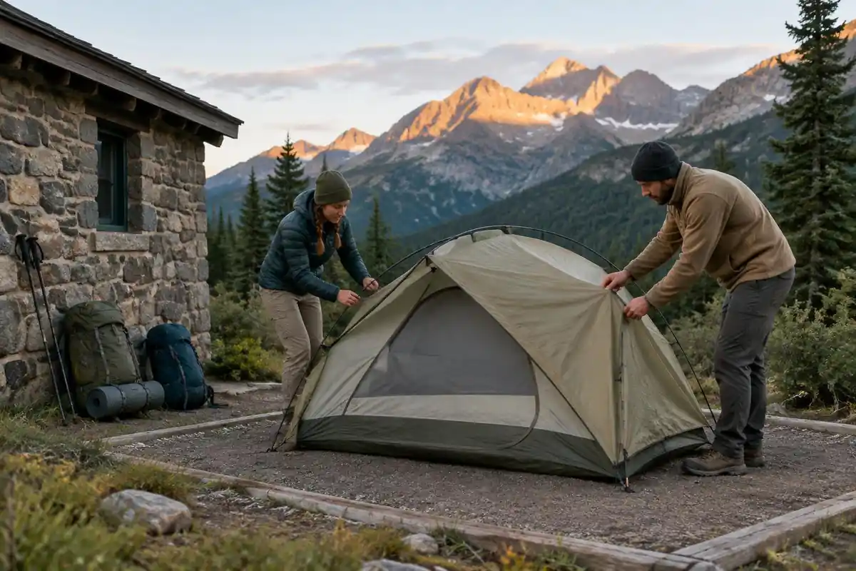Hikers pitching a small tent at a designated campsite next to a stone building