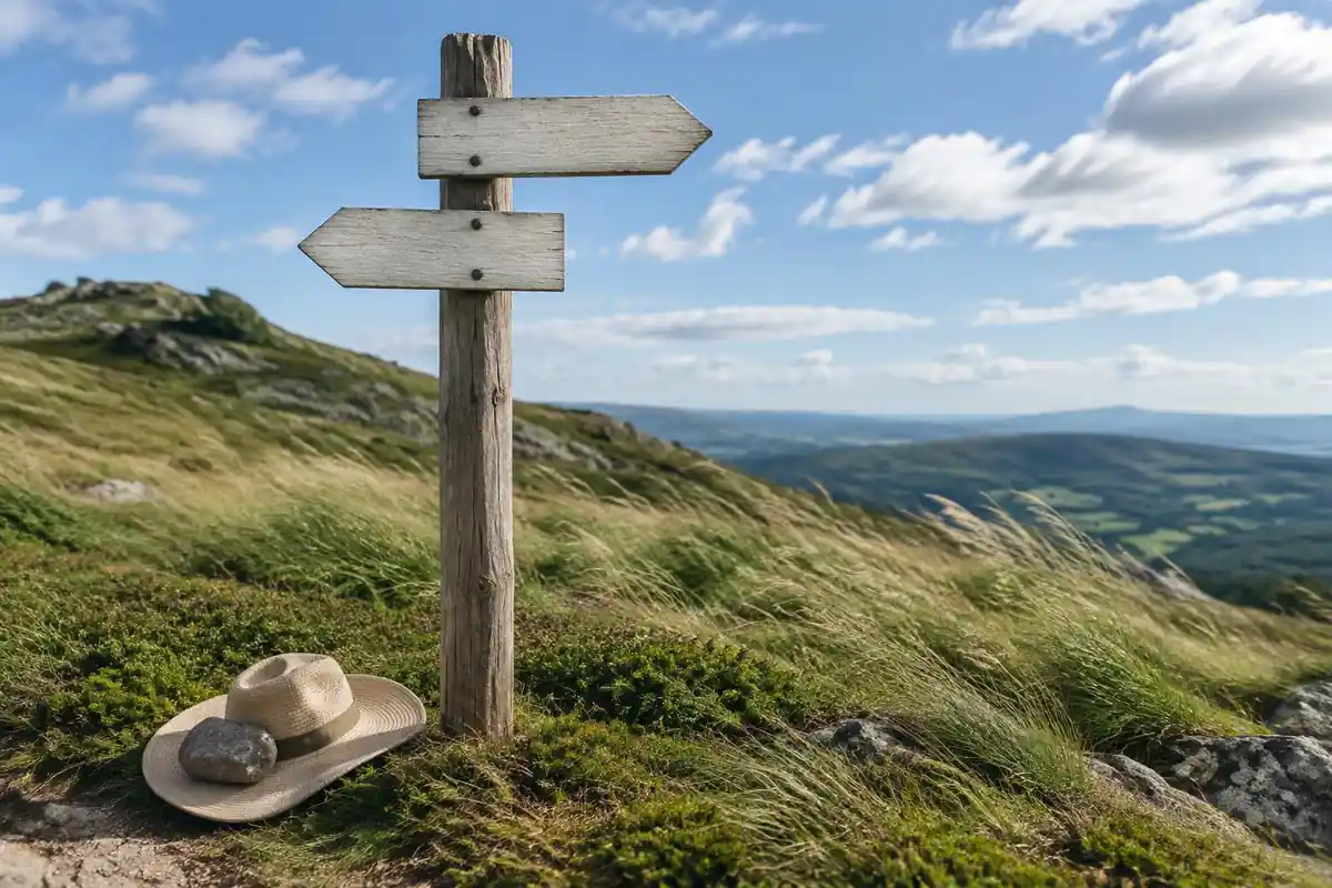 Weather-beaten wooden signpost post without text and a sun hat on the ground