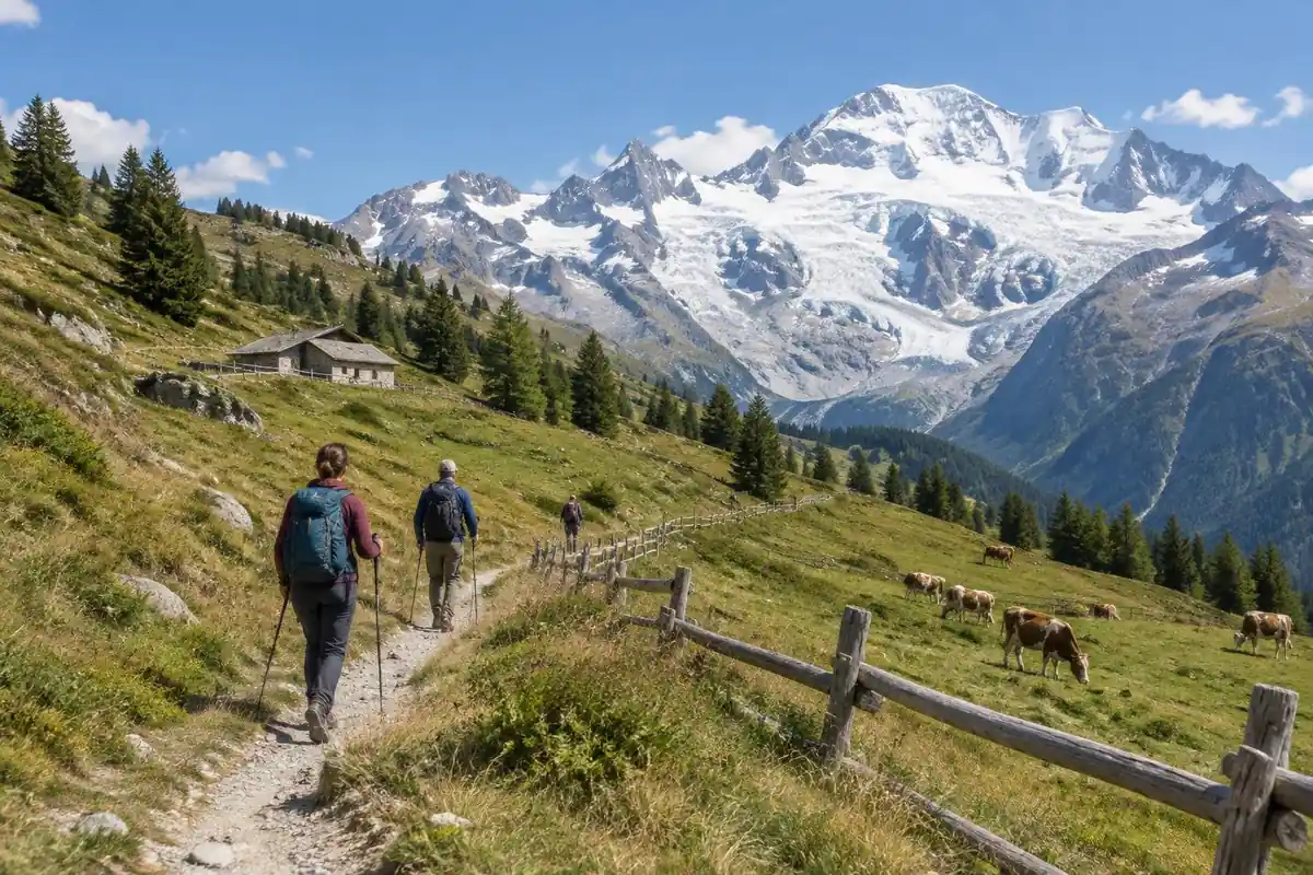Alpine valley with a glacier-topped massif and a wooded trail at midday