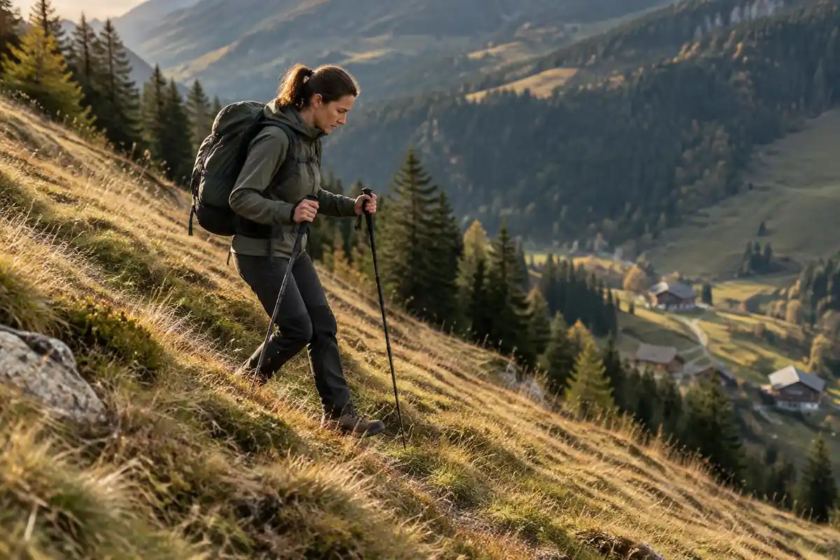 Hiker with poles descending a long steep meadow path late in the day