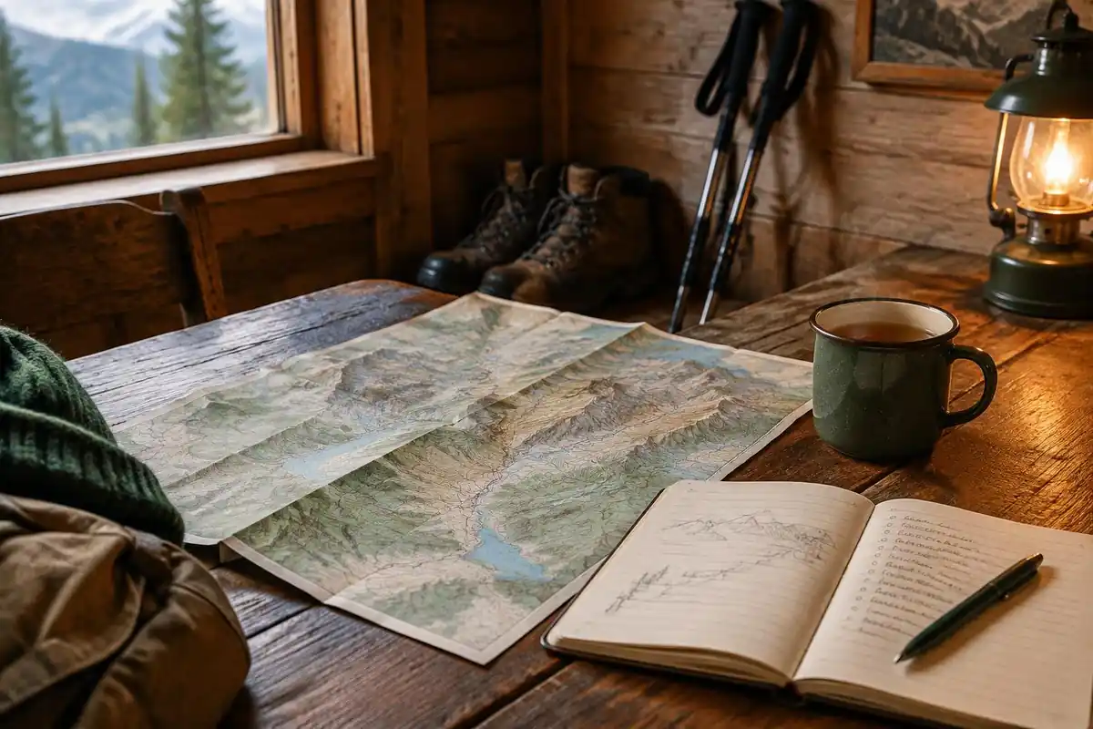 Map on a chalet table with a small cup of tea and boots by the wall