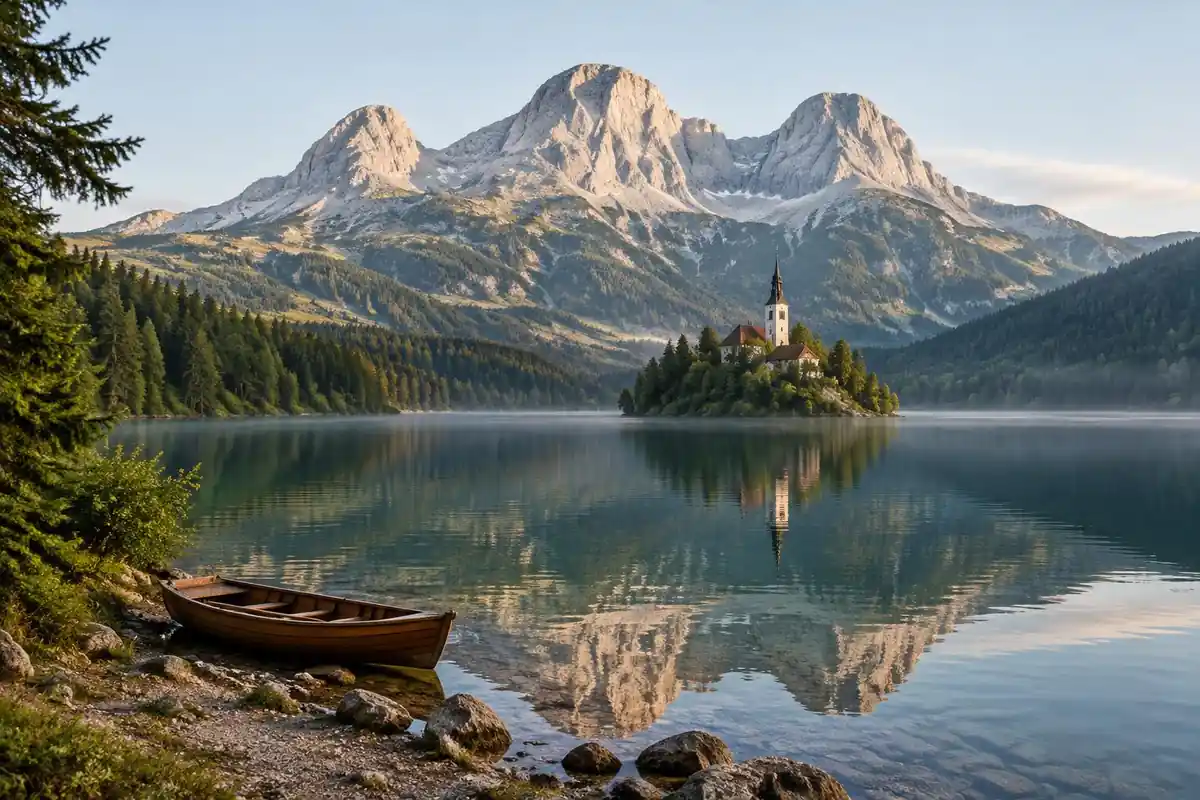Pale limestone peak above a forest lake with a small island church