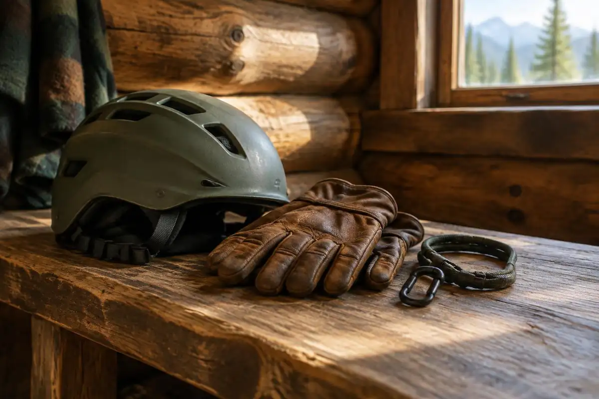 Helmet, leather gloves and a lanyard on a hut bench against a log wall