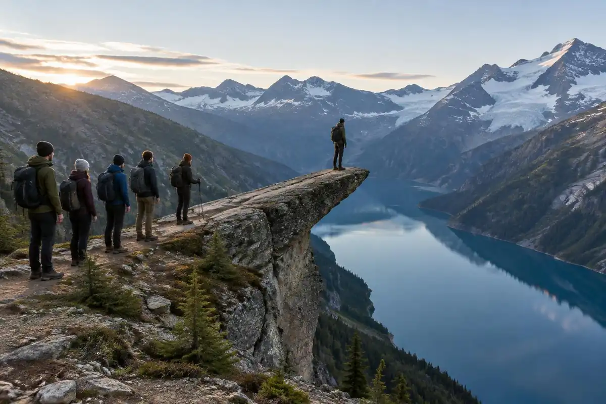 Hikers queuing on a mountain shelf behind a long rock tongue above a lake