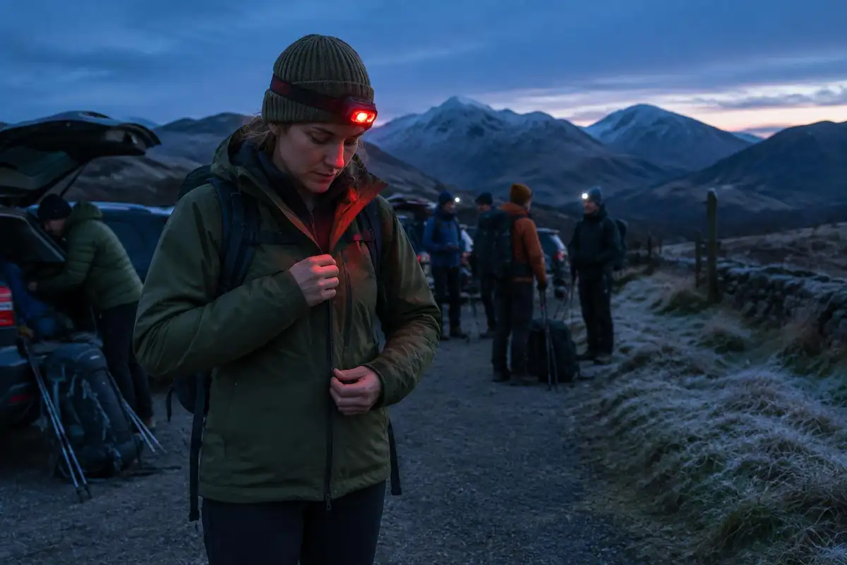 Woman with headlamp zipping her jacket at a pre-dawn mountain trailhead